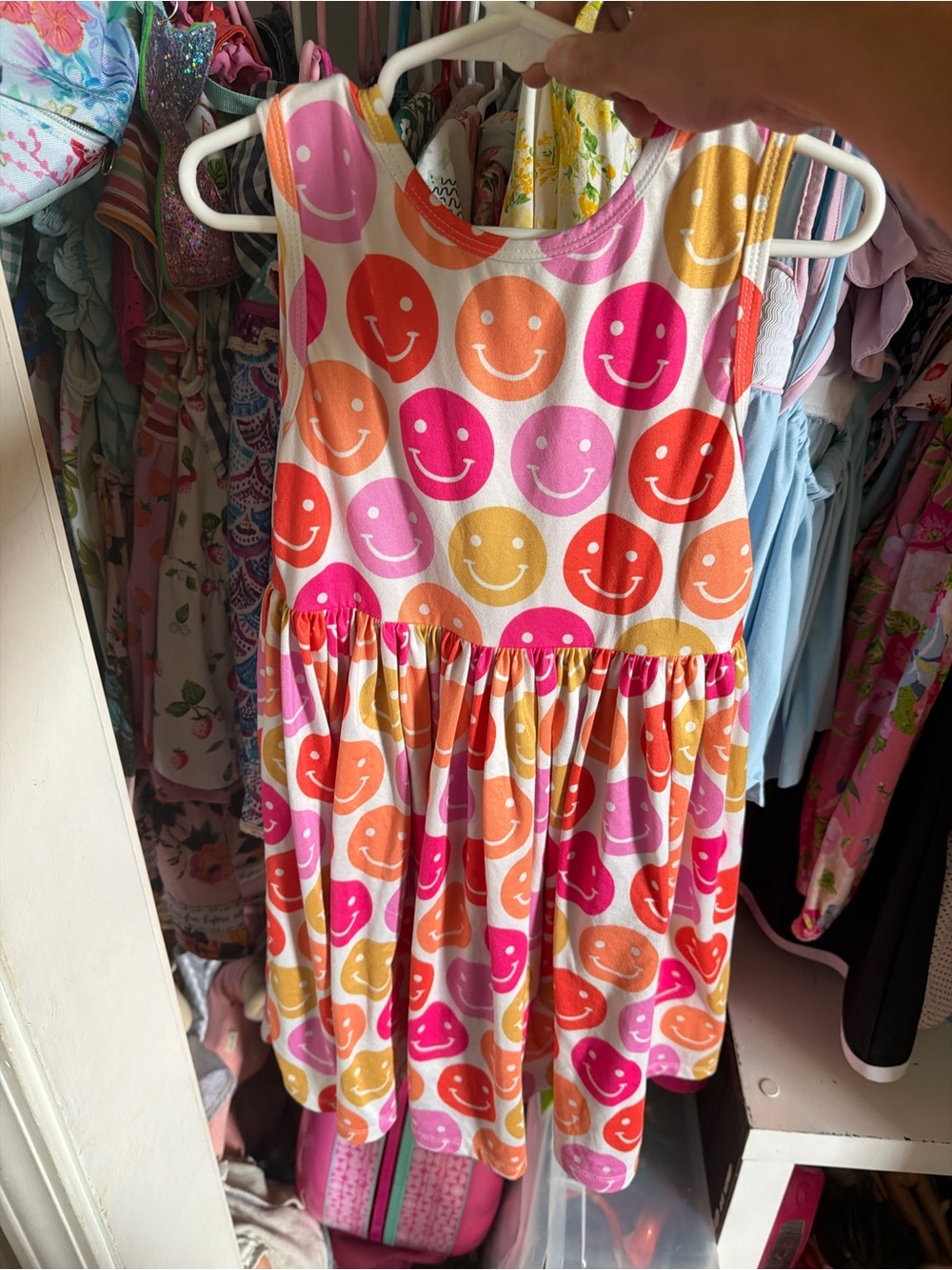 Girls' Sleeveless Smiley Print Cotton Dress - Pink, Orange & Yellow